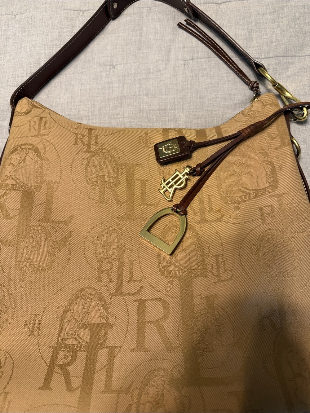 Ralph Lauren Beige Monogram Shoulder Bag with Gold equestrian Hardware